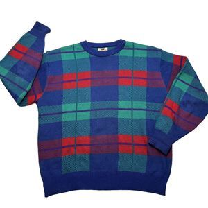 Vintage Winona Knits Mens L Plaid Sweater Grandpa Pullover Blue Green Red Check